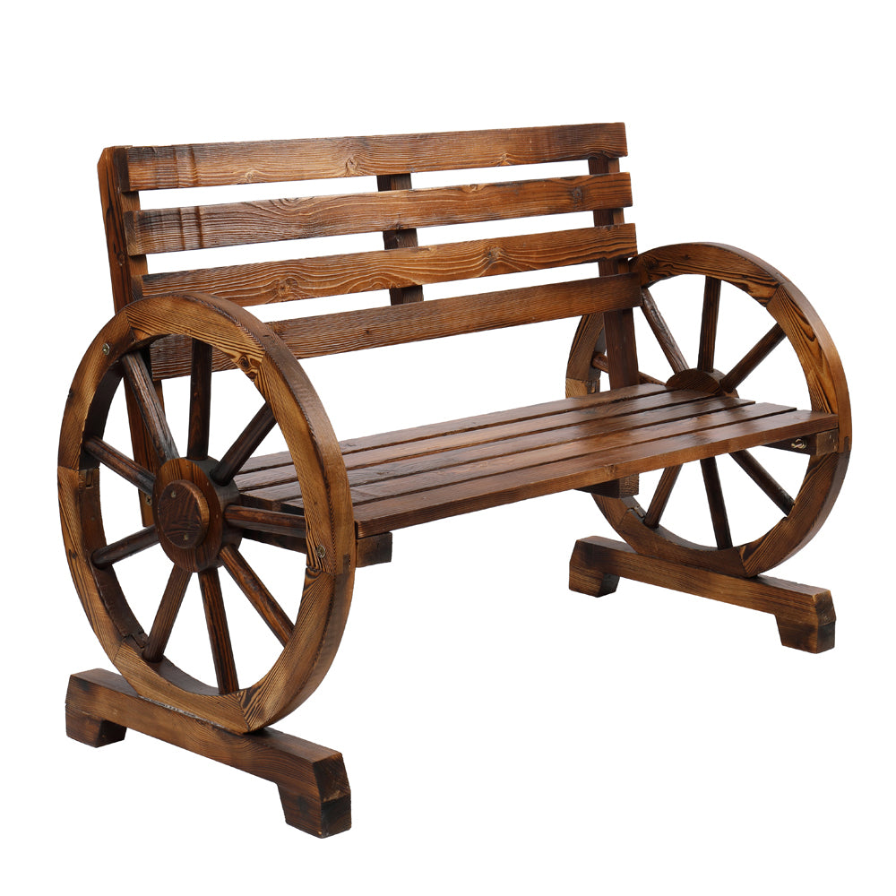 Patio Sitting Rustic 2-Person Wooden Wagon Wheel Bench with Slatted Seat and Backrest, Brown