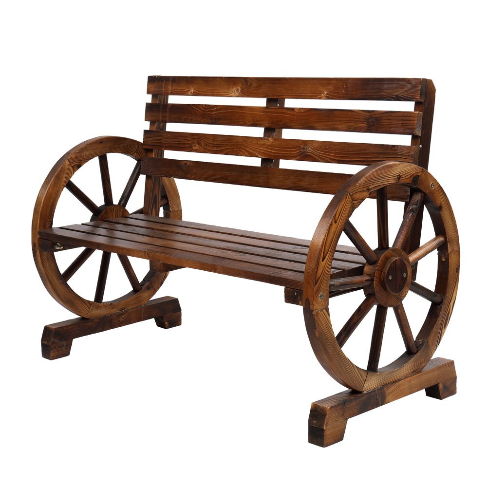 Patio Sitting Rustic 2-Person Wooden Wagon Wheel Bench with Slatted Seat and Backrest, Brown