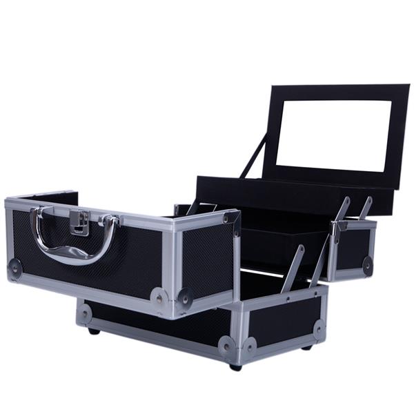 Aluminum Makeup Train Case Jewelry Box Cosmetic Organizer with Mirror 9"x6"x6" Black SM-2176