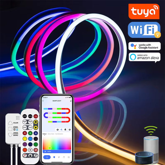 10M/32.8Ft TUYA LED Neon Strip Lights Waterproof RGBIC Neon Rope Lights Wifi Flexible Tape with Chasing Effect Work with Aleax