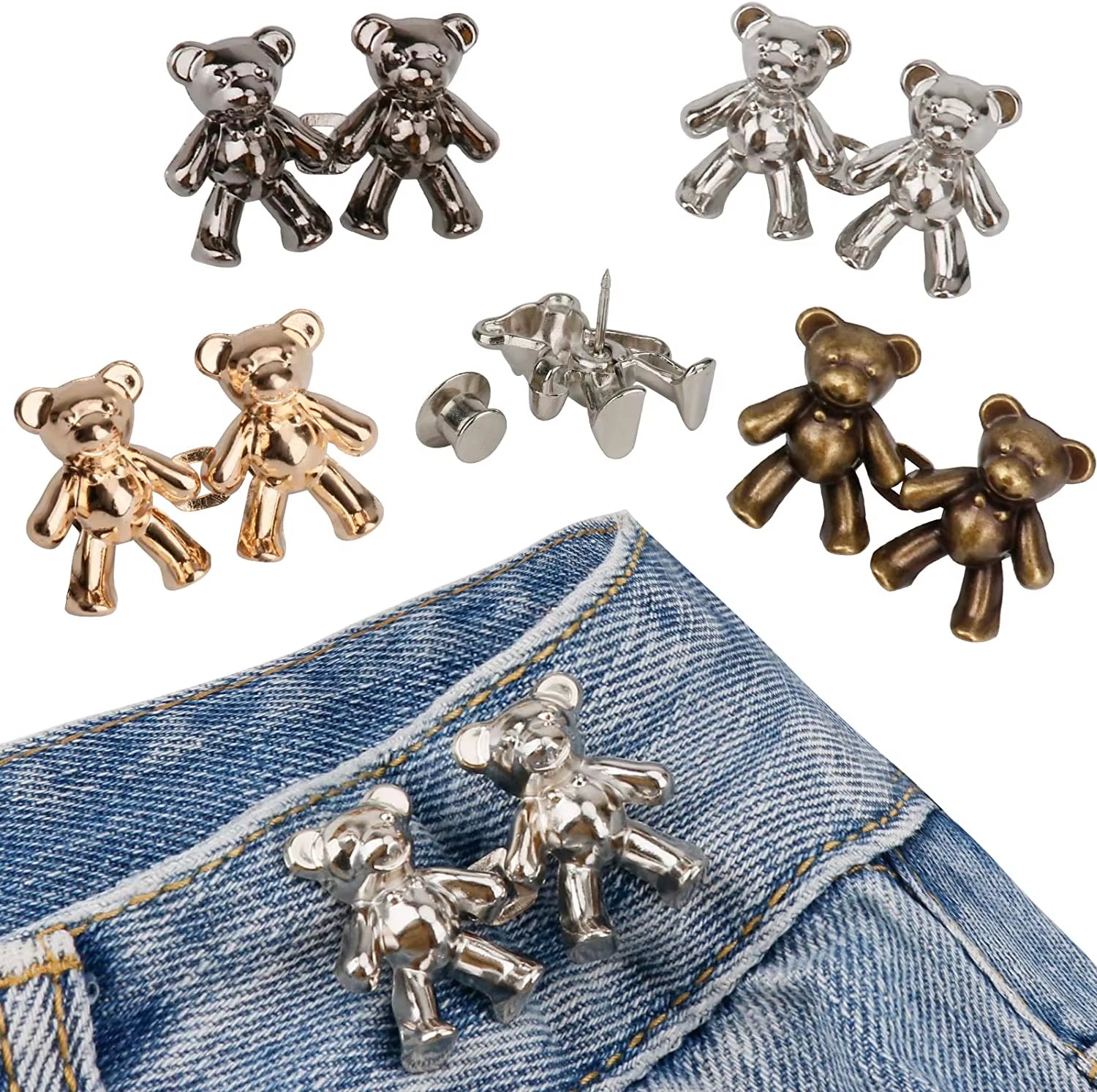 2Pcs Adjustable Jean Buttons Pins Cute Bear Pants Button Pins No Sew and Tools Instant Pant Waist Tightener for Loose Jeans
